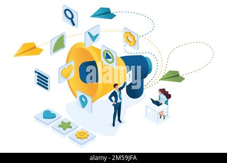 Isometric Marketing team work and branding, billboard and ad, marketing strategies. Concept for web design. Stock Vector