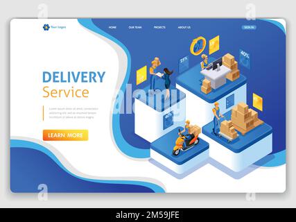 Website template design. Isometric concept Delivery serves. Express delivery, online order, call center. Easy to edit and customize landing page. Stock Vector