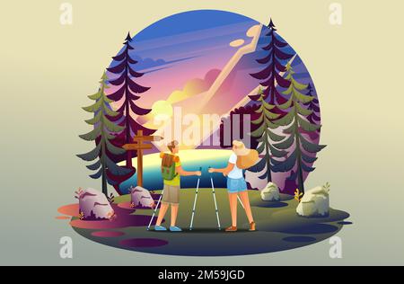 Bright illustration of camping, young people walking in the woods, Nordic walking. Flat 2D characters. Stock Vector