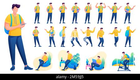 Presentation in various poses and actions character. Young Men. 2D Flat character vector illustration N1. Stock Vector