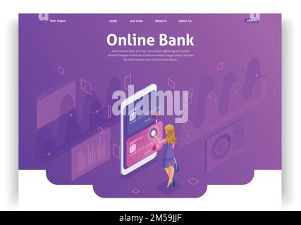 Website template design. Isometric concept working with bank accounts online. Online bank. Credit cards. Easy to edit and customize landing page. Stock Vector