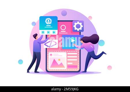 Young people are engaged in mobile application design, website pages development. Flat 2D character. Concept for web design. Stock Vector