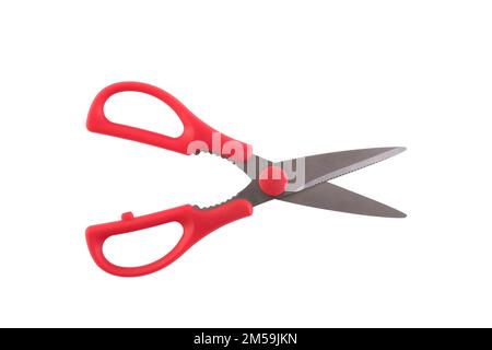 Scissors with red plastic handles isolated on white background with clipping path Stock Photo