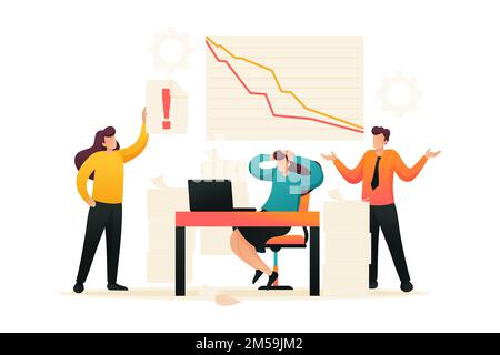 Fall in sales, the team of specialists in a panic. Flat 2D character. Concept for web design. Stock Vector