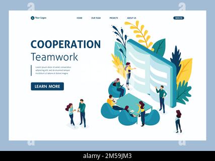 Isometric Training of office staff. Increase sales and skills. Team thinking and brainstorming. Analytics of company information. Website Template Lan Stock Vector