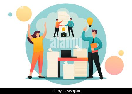 Stressful situation, solution of the problem by employees of the company. Flat 2D character. Concept for web design. Stock Vector