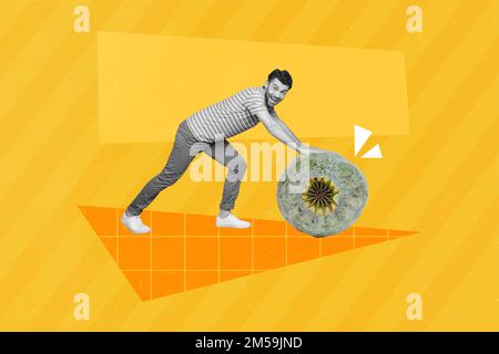 Creative photo 3d collage artwork poster picture of dependent man rolling big plant poppy isolated on painting background Stock Photo