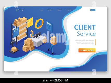 Website Template Landing page Isometric concept customer service, hotline operator, global technical support 24 7. Easy to edit and customize. Stock Vector