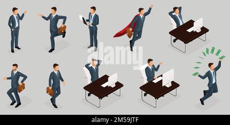 Isometric people, 3d entrepreneurs, different concept scenes, emotions and gestures businessman, superman, management and production isolated gray bac Stock Vector