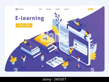 Website Template Landing page Isometric concept e-learning for second higher education, self-study, advanced training. Easy to edit and customize. Stock Vector