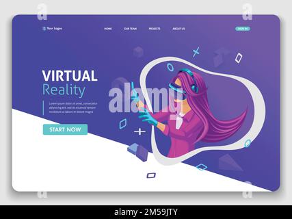 Template Website Isometric Landing page concept VR virtual reality concept girl augmented glasses. Easy to edit and customize. Stock Vector