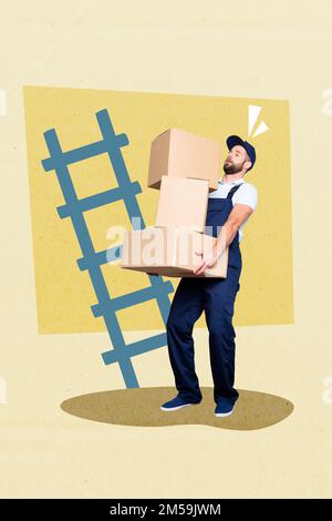 Vertical collage picture of postman courier guy arms hold pile stack carton boxes painted ladder isolated on creative background Stock Photo