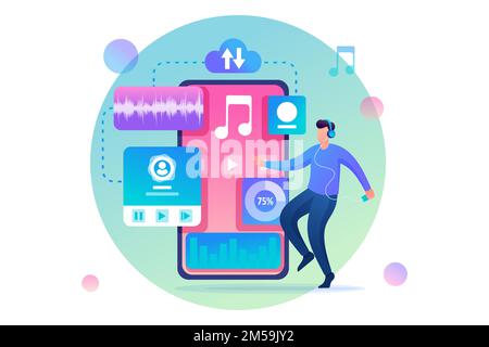 Young man dancing to the music playing on his phone. Listening to music on social networks. Flat 2D character. Concept for web design. Stock Vector