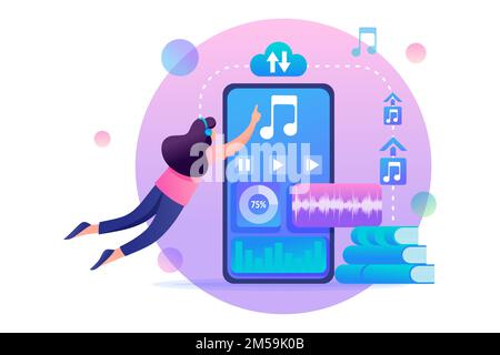 Girl listening to an audiobook online using a smartphone. Flat 2D character. Concept for web design. Stock Vector