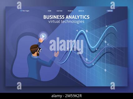 Landing page Isometric Concept business analysis, virtual technologies. Website template design. Easy to edit and customize. Stock Vector