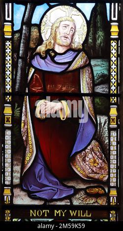 Stained glass window by Edwin Horwood (1834-92) depicting Christ's agony in the garden, Church of St Manaccus & St Dunstan, Manaccan, Cornwall Stock Photo