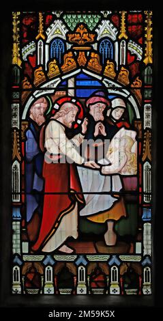 Stained glass window by Lavers, Barraud & Westlake depicting Christ healing; St Wynwallow, Landewednack, Cornwall Stock Photo