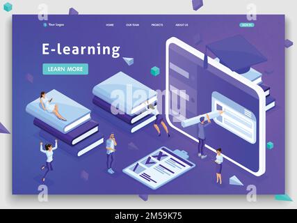 Website Template Landing page Isometric concept library, e-learning, education, media library or web archive. Easy to edit and customize. Stock Vector
