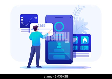Young Man are working with a fitness bracelet management App. Header concept. Flat 2D character. Concept for web design. Stock Vector
