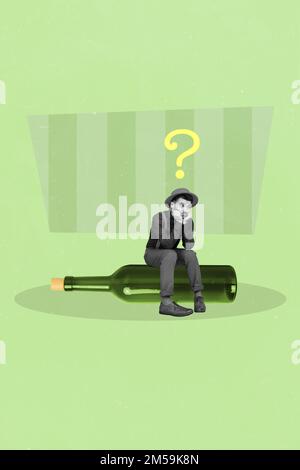 Vertical collage of sad depressed guy sitting glass alcohol empty bottle questioned dont know what do without drink isolated on green background Stock Photo