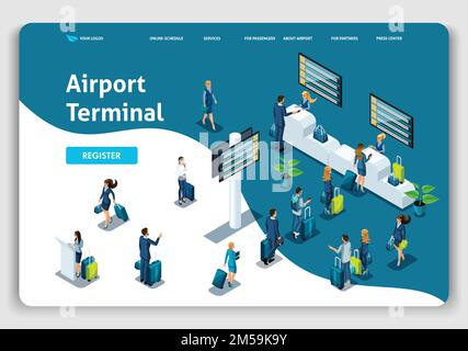 Website Template Landing page Isometric concept International Airport, Airport Terminal, Baggage reclaim, business trip. Easy to edit and customize. Stock Vector