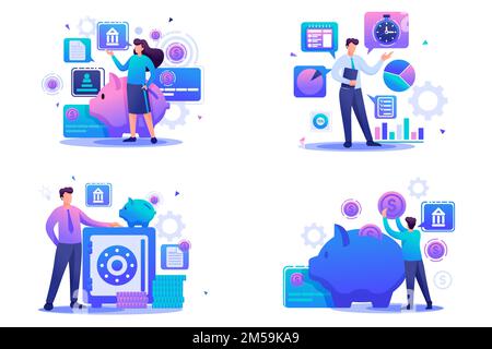 Set Flat 2D concepts bank deposits, investment plan, time management. For Concept for web design. Stock Vector