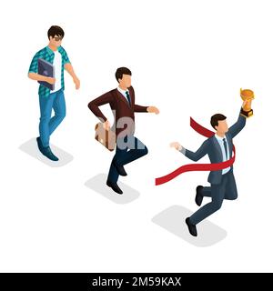 Trendy isometric people, 3d businessman, development start-up, creative young businessman, freelancer, start-up process, career growth, business conce Stock Vector