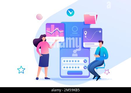 Young people using mobile apps for data analysis. Flat 2D character. Concept for web design. Stock Vector