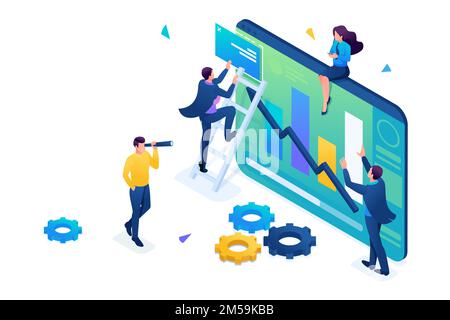 Young people collect information for data analysis. 3D isometric. Concept for web design. Stock Vector