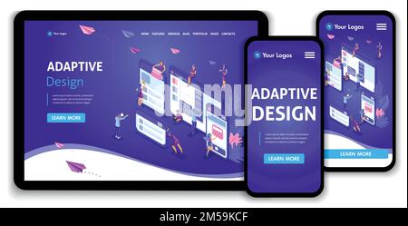 Template Landing page Isometric concept of web page design and development of mobile websites, adaptive design, applications. Easy to edit and customi Stock Vector