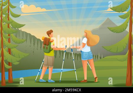 Young people admire the beautiful forest nature. Flat 2D character. Vector illustration. Stock Vector