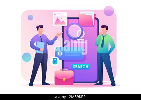 Young people use the mobile app to search for information. Flat 2D character. Concept for web design. Stock Vector