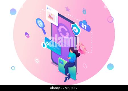 Isometric concept Update the mobile application system, the girl updates the system on her smartphone. Concept for web design. Stock Vector