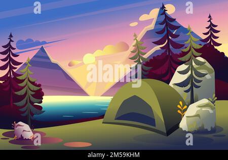 Bright illustration of a camping tent in the woods against the sunset on the lake. Flat 2D flat. Concept for web design. Stock Vector
