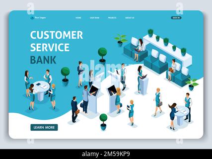 Website Template Landing page Isometric customer service room, clients serviced by bank consultants, deposits, loans, mortgages. Easy to edit and cust Stock Vector