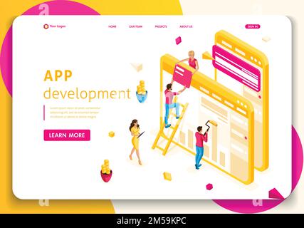 Website Template Landing page Isometric concept People team work together in web industry. App development. Easy to edit and customize. Stock Vector