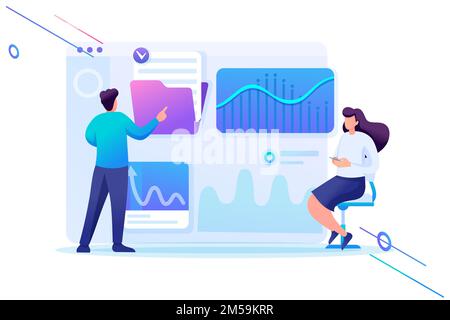 Young entrepreneurs testing statistical analysis tools on a tablet. Flat 2D character. Concept for web design. Stock Vector