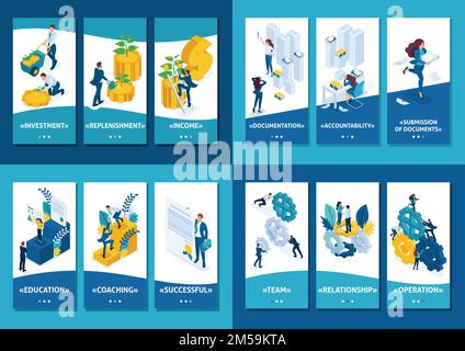 Isometric Template app Preparation of audit reports, teamwork, capital investment, education for success. Stock Vector