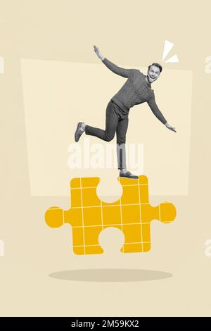 Photo sketch collage graphics artwork picture of funny funky guy standing jigsaw element isolated drawing background Stock Photo