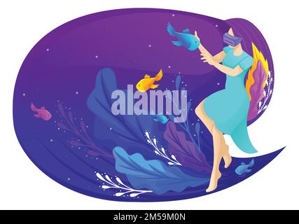 Isometric concept augmented reality. A girl is playing a virtual game with glasses. Beautiful long hair. Template Landing page. Stock Vector