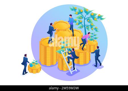 Isometric Income from investments, businessmen collect profits and reinvest money. Concept for web design. Stock Vector