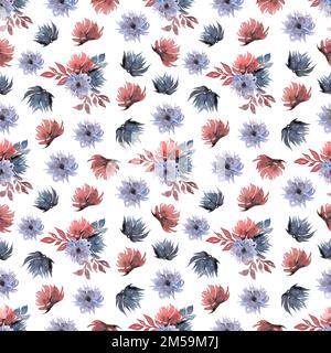 Seamless watercolor pattern with  floral in blue red colors. Hand drawn print with delicate flowers and leaves. Stock Photo