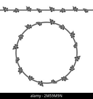 Seamless pattern with net of the cord and spring flowers. Black and white vector background on white. Stock Vector