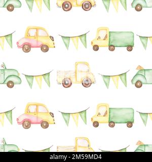 Watercolor transport seamless pattern, pink and yellow car, green truck, hand drawn kids party flags pattern. Artwork for textiles, fabrics, souvenirs Stock Photo