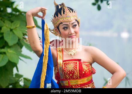 portrait of a female traditional Javanese dancer in traditional Javanese clothing. Stock Photo