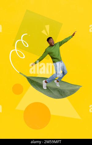 Creative photo 3d collage artwork poster postcard of joyful carefree man flying big leaf isolated on painting background Stock Photo