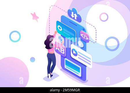 Isometric young girl is engaged in the creation of a mobile application, a teenager working on the phone screen. Concept for web design. Stock Vector