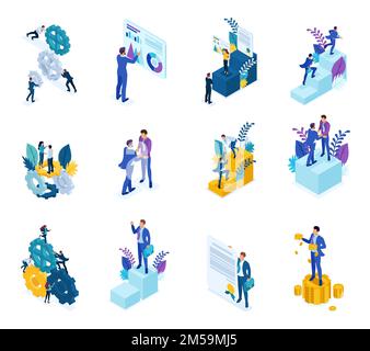 Isometric concept of the mechanism of business operation, Analytics data, to achieve the goal . For website and mobile application design. Stock Vector