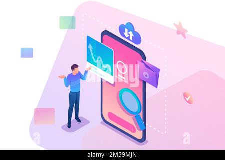 Isometric young man in confusion stands at the phone screen, search for information. Concept for web design. Stock Vector