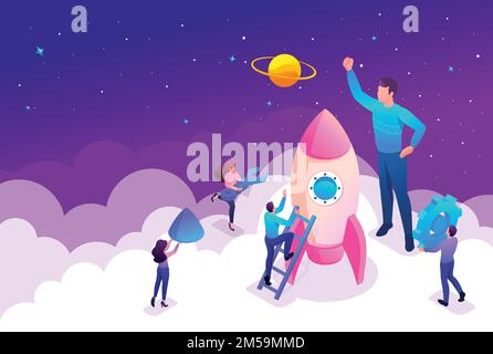 Isometric Bright concept start up a new business by young entrepreneurs. Concept for web design. Stock Vector